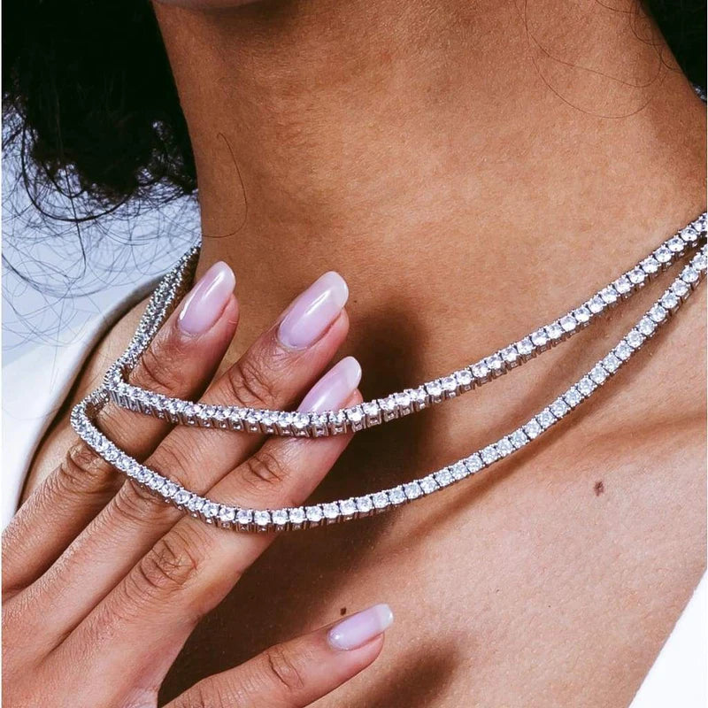 Thin 3mm Row Shiny Tennis Chain Necklace