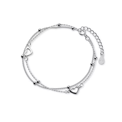 925 Sterling Silver Double Love Heart Hollow Round Beads Bracelet