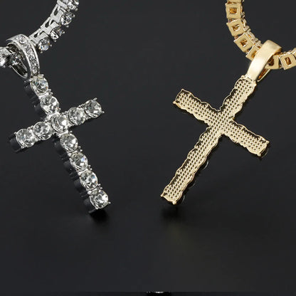 Cross Pendant Necklace With 4mm Zircon Tennis Chain Iced Out Exquisite Bling Jewelry