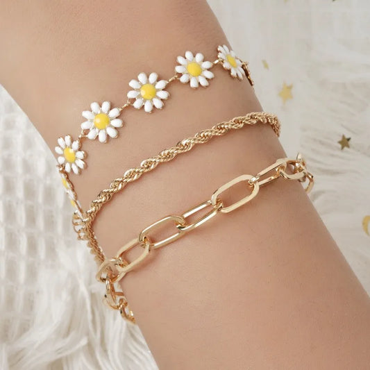 Korean Trendy Daisy Flower Bracelet Set For Women Shiny Zircon Love Heart 8 Figure Geometric Adjustable Chain Bracelets Jewelry