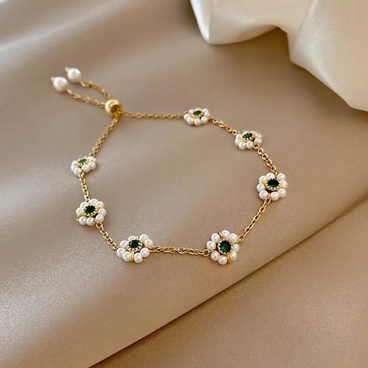 New Fashion Trend Stainless Steel Elegant Delicate Flower Pearl Bracelet
