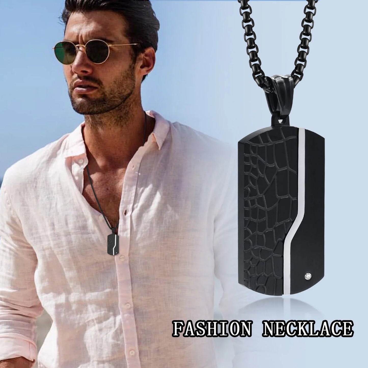 Stylish Tag Necklace for Men, Waterproof Stainless Steel Geometric Pendant with CZ Stone, with Free Box Chain Case