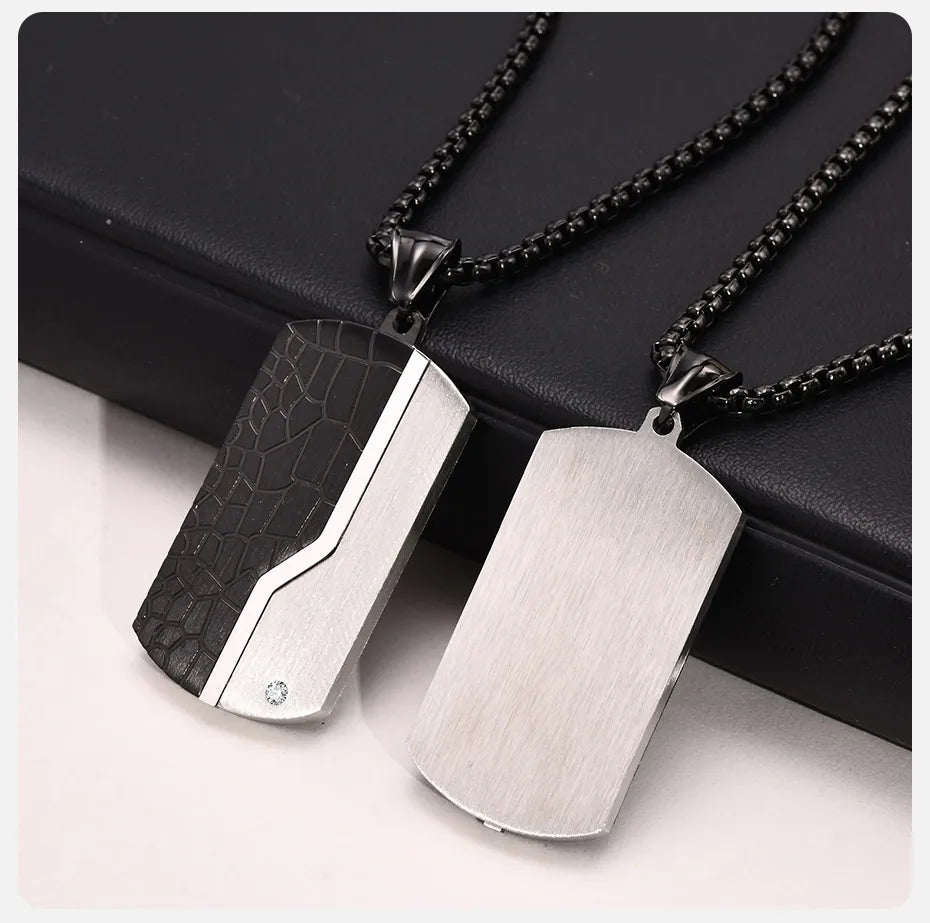 Stylish Tag Necklace for Men, Waterproof Stainless Steel Geometric Pendant with CZ Stone, with Free Box Chain Case